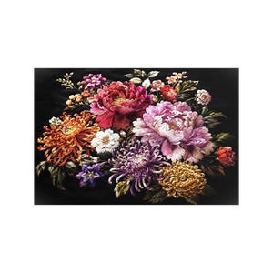 May include: A colourful floral display with red, pink, orange, purple, and yellow flowers set against a black backdrop. The arrangement includes peonies, chrysanthemums, and other blooms, creating a detailed and rich composition.