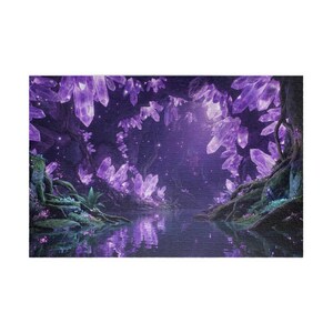 Jigsaw Puzzle Mystical Amethyst Cave Puzzle Glowing Purple Crystal Art, Fantasy RPG Landscape, Magical Geode Jigsaw, Gamer Gift