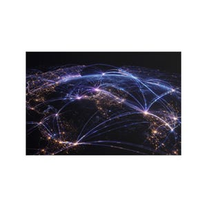 May include: A digital illustration of the Earth, showcasing a network of interconnected lines and glowing nodes. The image features a dark background with a detailed depiction of continents and city lights, with blue and purple lines representing global connections.
