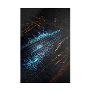 May include: A detailed blueprint of a ship, illuminated in blue, is the focal point of this image. Drafting tools, including a compass and a technical pen, are positioned around the blueprint. The overall aesthetic is reminiscent of steampunk design.