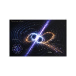 Könnte beinhalten: Eine wissenschaftliche Illustration mit dem Titel Neutron star collision, die zwei verschmelzende Sterne mit blauem und orangefarbenem Licht, einen vertikalen Gammastrahlenausbruch, konzentrische Gravitationswellen sowie Beschriftungen für Energiefreisetzung, neutronenreiche Ejekta und r-Prozess-Nukleosynthese zeigt.