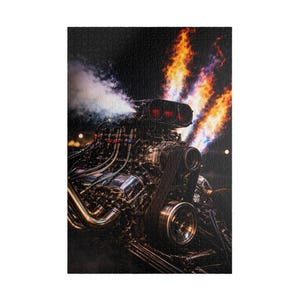 May include: Detailed image of a high-performance engine with chrome and black components. Flames and smoke emanate from the engine, creating a dynamic visual. The engine features belts, tubes, and a large air intake, suggesting power and speed.
