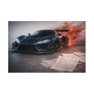 May include: A sleek black sports car with blue lights and a rear spoiler is shown on a grey surface. Swirling orange and red energy trails from the car's rear. Several sheets of paper with handwritten notes are in the foreground.