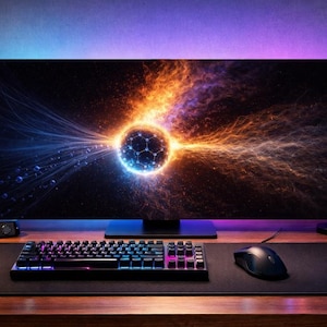 May include: A modern gaming setup with a large monitor showing a vibrant abstract design. A mechanical keyboard, mouse, and mousepad are in front. A computer tower, headphones, and desk lamp complete the setup, creating a stylish workspace.