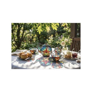 May include: A decorative stained-glass tea set, featuring a teapot, sugar bowl, and teacups, is arranged on a white tablecloth. The set has a floral design in red, blue, and yellow. Scones, jam, and flowers are also on the table.