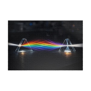 May include: A puzzle featuring two clear glass prisms. A beam of white light enters one prism and refracts into a spectrum of colors, which then exits the second prism. The colors of the spectrum are red, orange, yellow, green, blue, indigo, and violet.