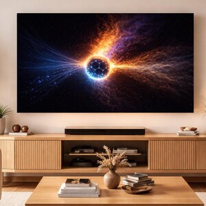 May include: A modern living room featuring a large flat-screen TV displaying an abstract image with blue, orange, and purple hues. The TV is mounted above a wooden cabinet. The room is decorated with plants and a neutral color palette.