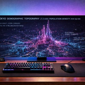 Può includere: Una moderna configurazione informatica con un grande monitor che mostra una mappa della topografia demografica di Tokyo. La scrivania include una tastiera, un mouse e un tappetino per mouse. Sono visibili anche un case per computer, cuffie e piante. Il monitor mostra il testo: TOKYO DEMOGRAPHIC TOPOGRAPHY // Z-AXIS: POPULATION DENSITY (PER SQ KM).