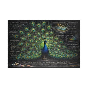 May include: A colorful puzzle featuring a peacock with its tail feathers fanned out. The image includes scientific diagrams and text about sexual selection theory, thin-film interference, and the physics of beauty. The peacock is blue and green.