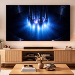 Könnte beinhalten: Ein modernes Wohnzimmer mit einem großen Flachbildfernseher, der ein blaues und schwarzes abstraktes Bild zeigt. Der Fernseher befindet sich über einem hellen Holzschrank. Der Raum ist mit Pflanzen, einem Sofa und einem Couchtisch dekoriert und schafft eine gemütliche Atmosphäre.