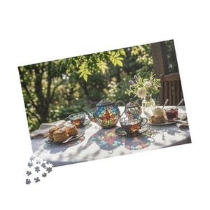 May include: A colorful stained-glass tea set with a teapot, sugar bowl, and teacups on a table. The set is surrounded by scones, jam, and flowers. The sunlight casts colorful patterns on the table, creating a vibrant scene.