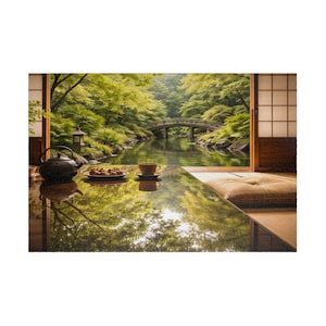 Rompecabezas Japandi Arce verde Shakkei Espejo Reflejo Jardín Zen Wabi Sabi Arte del rompecabezas