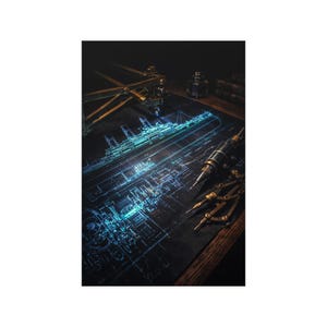May include: A detailed blueprint of a ship, illuminated with blue light, lies on a dark surface. Drafting tools, including a compass and a pen, are arranged around the drawing. The image has a vintage, steampunk aesthetic.
