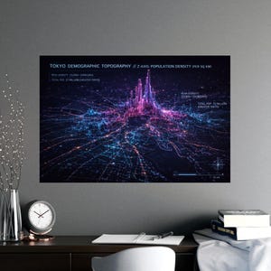 May include: A framed print depicting Tokyo's demographic topography, visualising population density with blue, purple, and pink lines. Text on the print indicates peak density and total population figures.