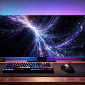 May include: A modern computer setup featuring a large monitor displaying a vibrant, abstract design. A mechanical keyboard, mouse, and mousepad sit on a wooden desk. A desktop computer, headphones, and plants complete the setup.