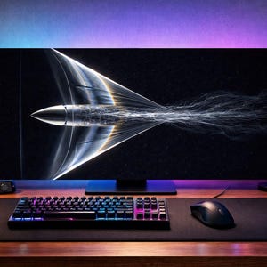 Op de afbeelding: Een moderne computeropstelling met een groot beeldscherm met een afbeelding van een kogel in vlucht. Een zwart toetsenbord, muis en muismat liggen op een houten bureau. Een desktopcomputer, koptelefoon en planten maken de scène compleet.
