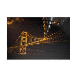Peut inclure: Illustration dorée du Golden Gate Bridge en cours de dessin par un stylo sur fond noir. Le pont est illuminé d'une lumière dorée, et le stylo est argenté. L'image a une esthétique sombre et artistique.