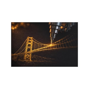 May include: A detailed illustration of the Golden Gate Bridge being drawn with a pen. The bridge is illuminated in gold against a dark background. The pen is silver and positioned above the bridge, creating a sense of artistic creation.