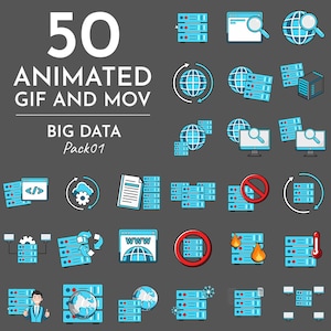 Może przedstawiać: Zbiór 50 animowanych plików GIF i MOV związanych z big data. Ikony w kolorach niebieskim, białym i szarym, przedstawiają serwery, globusy, lupy i inne symbole związane z danymi. Tekst zawiera "50 ANIMATED GIF AND MOV" i "BIG DATA Pack01".