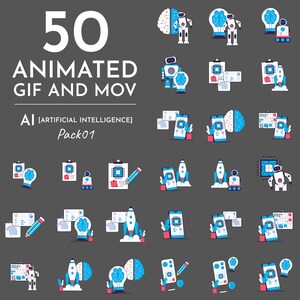 Może przedstawiać: Obraz przedstawiający 50 animowanych plików GIF i MOV związanych ze sztuczną inteligencją. Ilustracja zawiera roboty, mózgi, smartfony, rakiety i obwody drukowane. Projekt jest płaski, z paletą kolorów białego, niebieskiego i szarego. Tekst brzmi 'AI [Artificial Intelligence] Pack01'.