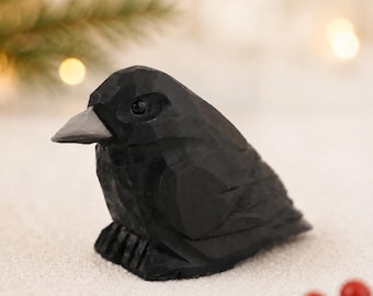 Hand-Carved Wooden Crow Figurine, Rustic Black Bird Statue, Gothic Boho Decor