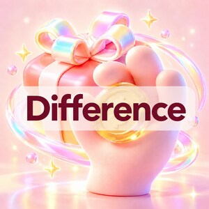 Op de afbeelding: Een gestileerde 3D-illustratie met een roze geschenkdoos met een grote iriserende strik, een hand die een gouden munt vasthoudt en het woord "Difference" in donkerrode tekst. De scène is versierd met gloeiende sterren en zwevende bubbels.