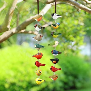 Può includere: Mobile a uccelli sospeso con quindici figurine di uccelli colorate e dettagliate. Gli uccelli sono sospesi in una linea verticale da un nastro marrone, mostrando una varietà di specie con piumaggio vibrante. Lo sfondo è verde sfocato, suggerendo un ambiente esterno.