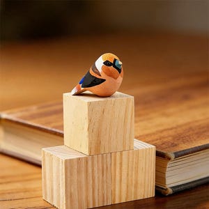 Könnte beinhalten: Eine kleine, handgeschnitzte Holzvogelfigur mit orangefarbenen, schwarzen, weißen und blauen Details, die auf zwei gestapelten Naturholzblöcken sitzt. Der Vogel hat einen detaillierten Schnabel und ein detailliertes Auge. Der Hintergrund umfasst eine verschwommene Holzoberfläche und ein Buch.