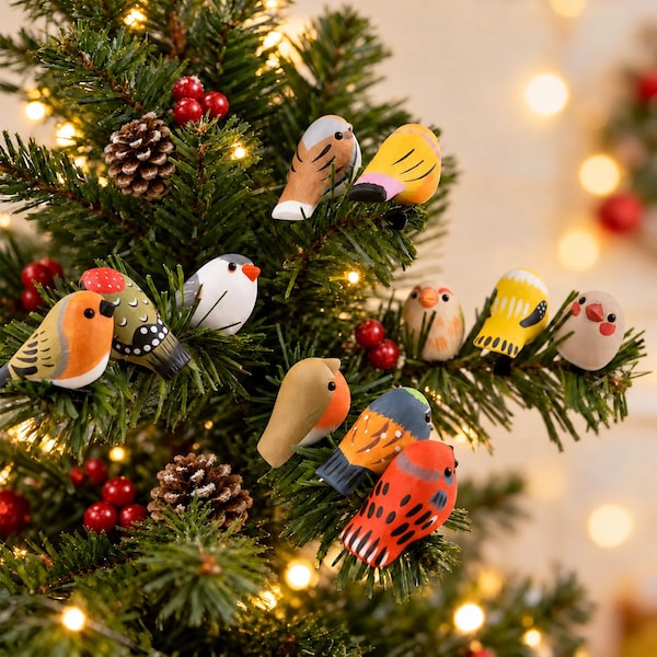 Hand Crafted Wooden Bird Clips, Natural Wood Figurines, Christmas Home Decor