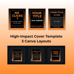 Peut inclure: Un modèle de conception graphique avec trois options de mise en page. Chaque mise en page présente un fond noir avec des bordures et du texte orange. Le texte comprend "YOUR TITLE" et "Your subtitle". L'image comprend également le texte "NO CLICKS?" et "High-Impact Cover Template 3 Canva Layouts."