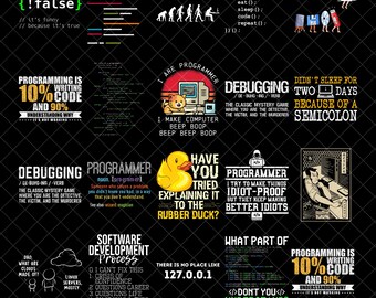 Pacchetto di PNG divertenti per programmatori, clipart di programmazione, fanatico del computer, esperto di informatica, maglietta per sviluppatori, stampa su tazza da ufficio, uso commerciale, download immediato