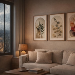 May include: A cozy living room scene with a neutral color palette. Three framed botanical prints hang above a beige sofa with throw pillows. A wooden side table holds a lamp and a coffee table with books and a cup. A large window shows a rainy day.