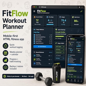 May include: FitFlow workout planner software displayed on a laptop screen and a smartphone, featuring a dark mode dashboard with fitness metrics, workout logs, and habit tracking, accompanied by a black dumbbell and a black protein shaker bottle.