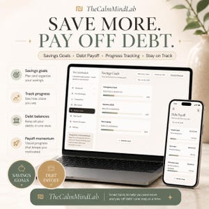 Puede incluir: Un ordenador port&aacute;til y un tel&eacute;fono inteligente que muestran la interfaz del planificador presupuestario digital TheCalmMindLab. Las pantallas muestran objetivos de ahorro, progreso de pago de deudas y herramientas financieras con texto.