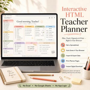 May include: A laptop showing an interactive HTML teacher planner with a colourful interface. A notebook, pencils, and stationery are arranged on the desk. The planner includes features for planning, tracking, and organising.