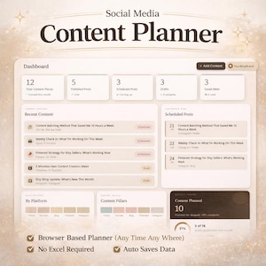 May include: A digital content planner interface with a beige and brown color scheme. The dashboard displays content metrics, recent content, and scheduled posts. Text includes "Social Media Content Planner" and "Browser Based Planner (Any Time Any Where)".