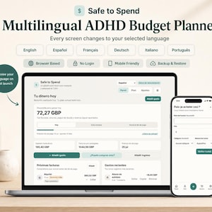 ADHD Budget Planner, Expense & Spending Tracker, Safe to Spend, Multilingual HTML Planner