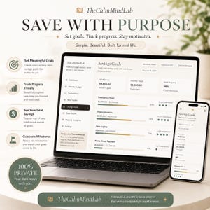 Puede incluir: Un ordenador port&aacute;til y un smartphone que muestran la interfaz de objetivos de ahorro TheCalmMindLab. La pantalla muestra datos financieros, barras de progreso y hitos. El texto incluye SAVE WITH PURPOSE, 100% PRIVATE.