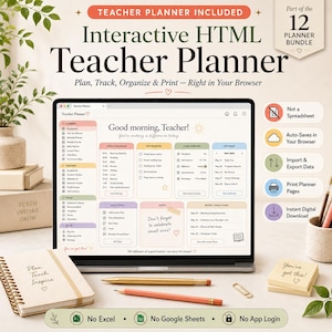 K&ouml;nnte beinhalten: Ein interaktiver HTML-Lehrerplaner auf einem Laptop-Bildschirm mit einem Dashboard f&uuml;r Zeitpl&auml;ne, Unterrichtspl&auml;ne und Notizen. Die Benutzeroberfl&auml;che enth&auml;lt Text wie Good morning, Teacher! und verschiedene Organisationstools. Zubeh&ouml;r umfasst ein Spiralnotizbuch, Stifte und Haftnotizen.