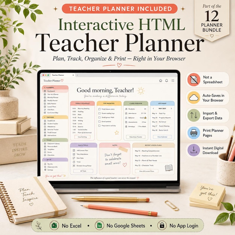 K&ouml;nnte beinhalten: Ein interaktiver HTML-Lehrerplaner auf einem Laptop-Bildschirm mit einem Dashboard f&uuml;r Zeitpl&auml;ne, Unterrichtspl&auml;ne und Notizen. Die Benutzeroberfl&auml;che enth&auml;lt Text wie Good morning, Teacher! und verschiedene Organisationstools. Zubeh&ouml;r umfasst ein Spiralnotizbuch, Stifte und Haftnotizen.