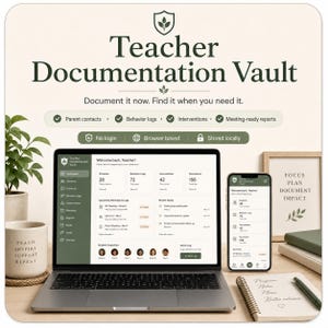 以下が含まれることがあります： ノートパソコンとスマートフォンの画面に表示されたTeacher Documentation Vaultというタイトルのデジタルダッシュボード。インターフェースには生徒のデータ、行動記録、会議のスケジュールが表示されています。テキストにはDocument it now. Find it when you need it.と書かれています。
