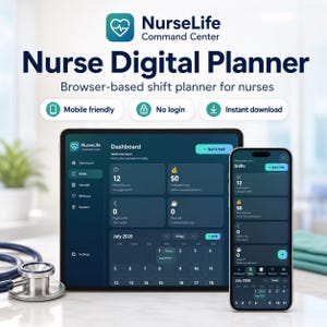 May include: A digital planner interface titled NurseLife Command Center displayed on a tablet and smartphone. The dark-themed dashboard shows shift hours, estimated pay, and a July 2026 calendar. Text includes Mobile friendly, No login, and Instant download.