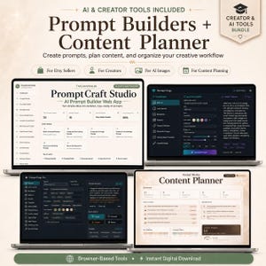 K&ouml;nnte beinhalten: Ein digitales Paket mit Prompt-Buildern und einem Content-Planer, dargestellt auf drei Laptop-Bildschirmen. Die Benutzeroberfl&auml;chen zeigen Web-App-Dashboards f&uuml;r die KI-Prompt-Generierung, Arbeitsablauf-Organisation und Content-Planung.