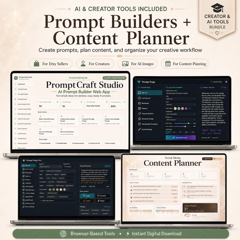 K&ouml;nnte beinhalten: Ein digitales Paket mit Prompt-Buildern und einem Content-Planer, dargestellt auf drei Laptop-Bildschirmen. Die Benutzeroberfl&auml;chen zeigen Web-App-Dashboards f&uuml;r die KI-Prompt-Generierung, Arbeitsablauf-Organisation und Content-Planung.