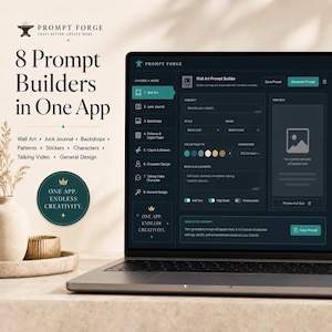 Pode incluir: Um laptop exibe a interface do aplicativo "Prompt Forge", mostrando seus recursos: Wall Art, Junk Journal, Backdrops, Patterns, Stickers, Characters, Talking Video e General Design. O logotipo e o slogan do aplicativo s&atilde;o vis&iacute;veis.