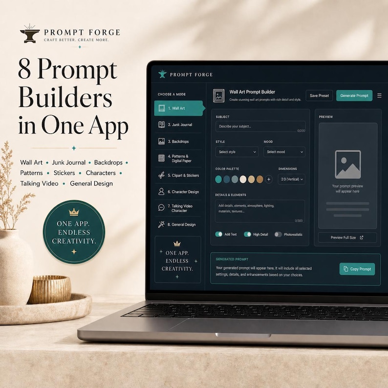 Pode incluir: Um laptop exibe a interface do aplicativo "Prompt Forge", mostrando seus recursos: Wall Art, Junk Journal, Backdrops, Patterns, Stickers, Characters, Talking Video e General Design. O logotipo e o slogan do aplicativo s&atilde;o vis&iacute;veis.