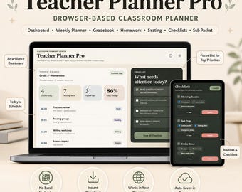 Teacher Planner Pro, Classroom Organizer, Gradebook Tracker, Homework Log, Sub Plan Digital Download