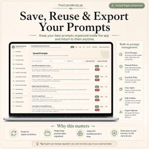 May include: A digital interface for PromptCraft Studio displayed on a laptop screen, featuring a list of saved prompts with options to copy, view, or delete. The layout includes a sidebar menu, a search bar, and a right-hand panel detailing built-in prompt management features like history, search, and export options.