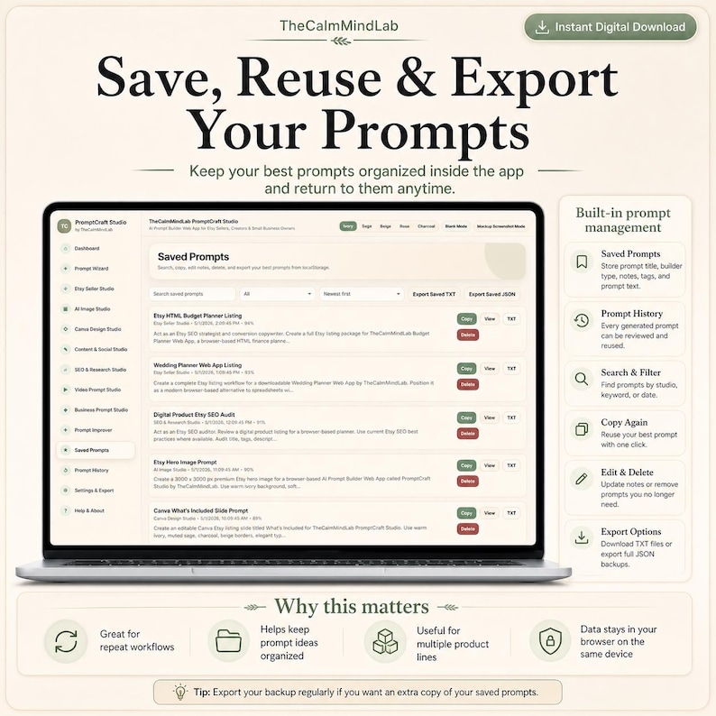 May include: A digital interface for PromptCraft Studio displayed on a laptop screen, featuring a list of saved prompts with options to copy, view, or delete. The layout includes a sidebar menu, a search bar, and a right-hand panel detailing built-in prompt management features like history, search, and export options.