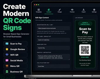 Gerador de código QR, Escaneie para pagar, Wi-Fi, Cardápio, Avaliação do Google (Download digital)
